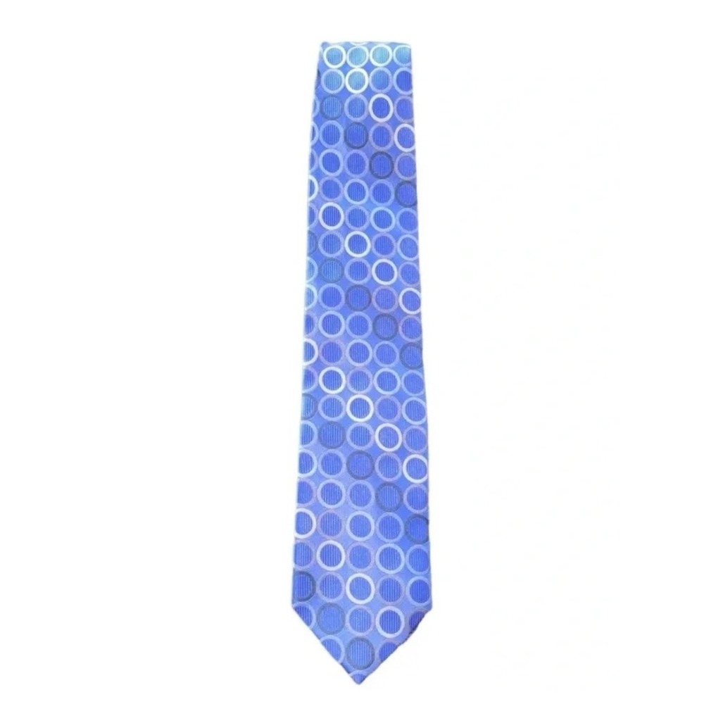 Michael Kors Mens Silk Tie Blue Silver Geometric Circle Pattern Necktie RN121148